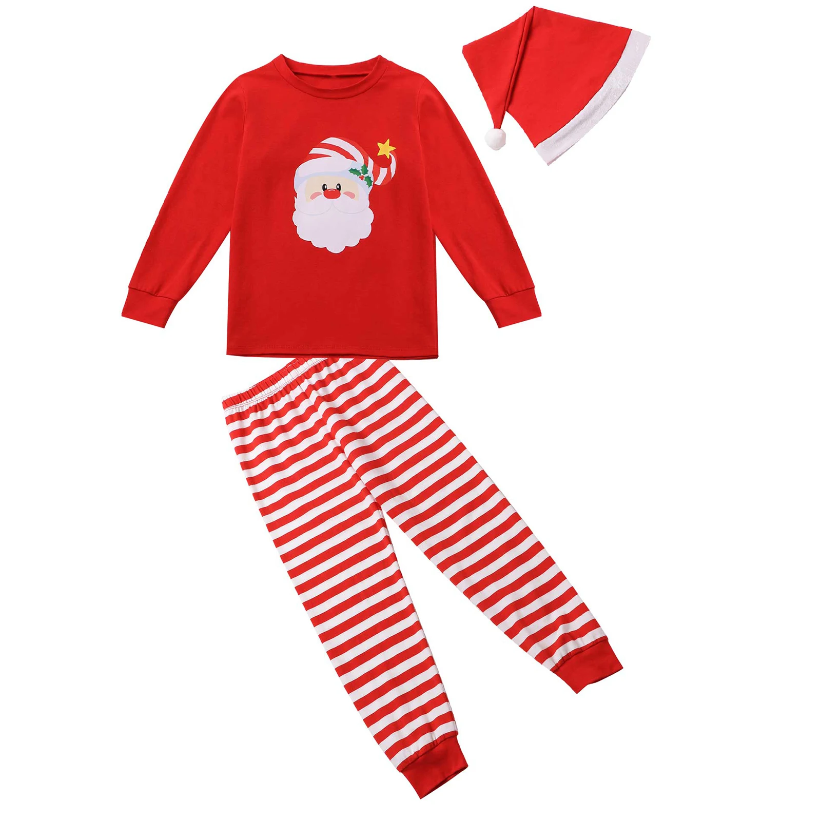 

Kids Pajamas Boys Girls Christmas Pyjamas Set Cute Cartoon Tops With Striped Pants And Hat Set 3Pcs Children Christmas Outfit