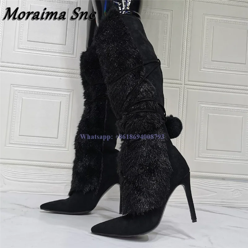 

New Fur Decor Black Boots Side Zipper Solid Stilettos High Heel Boots Women Pointed Toe Women Shoes Long Boots botas de mujer