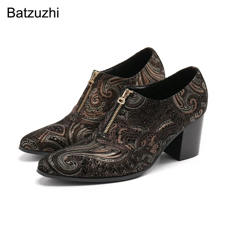 

Batzuzhi Luxury Handmade Men's Boots Pointed Toe Zip Decoration Fashion Black Genuine Leather Ankle Boots Men 7.5cm High Heels