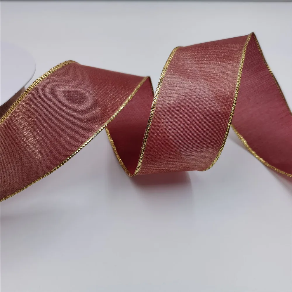 

38MM X 25yards Gold Lurex Edges Lt Coffee Organza Wired Ribbon for DIY Wedding Cake Wrap Tree Decoration Christmas Wreath N1248