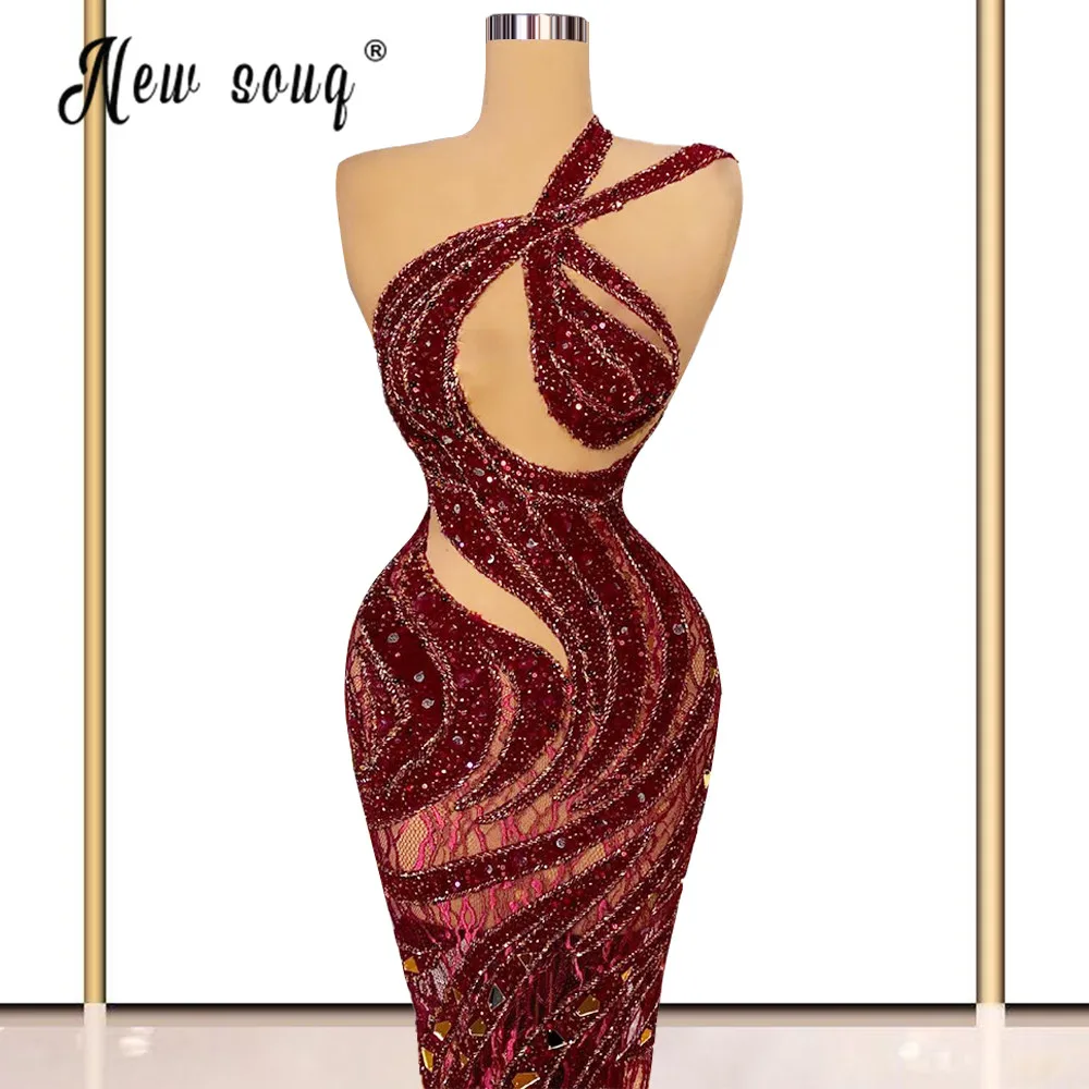 Burgundy Mermaid Long Evening Dress Elegant Beading Diamond Celebrity Dresses See Through Rhinestones Party Gowns De Soiree