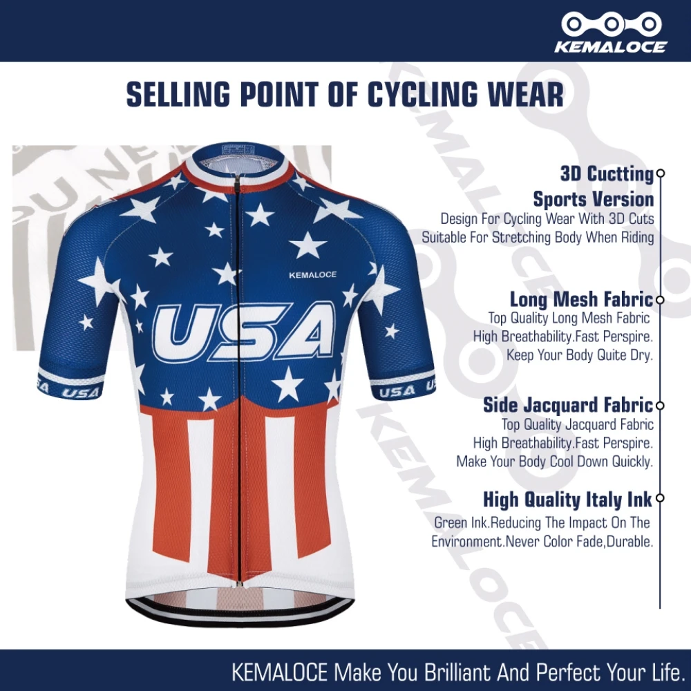 KEMALOCE Bike Jersey USA Navy International New American Sport Dirt Outdoor Cycle Uniform Short Sleeve Pro Team Bicycle Clothes