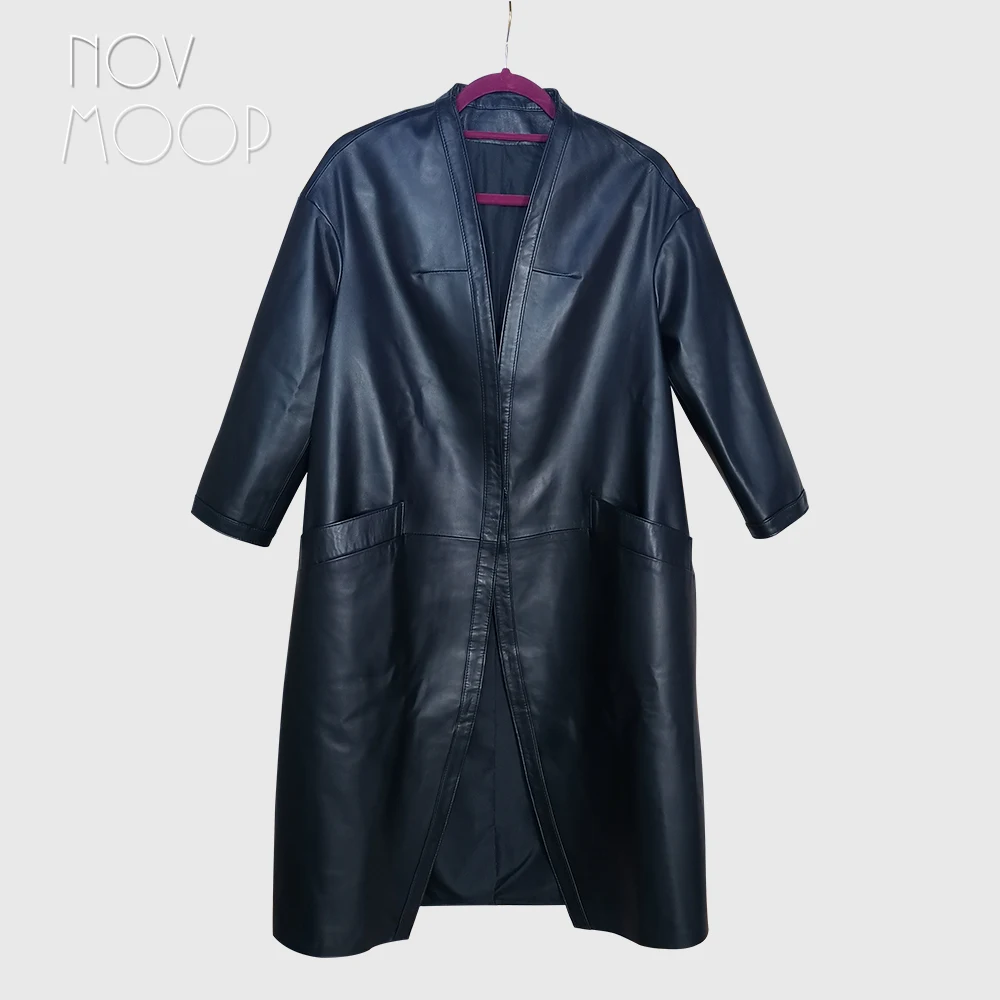 Novmoop 2020 Gaya Perancis One Piece Kulit Asli Kulit Domba Tretch Coat Trench Coat En Cuir Pour Femme LT3264