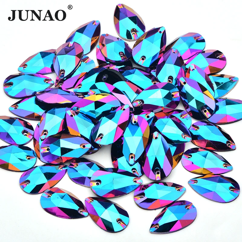 JUNAO 17*28 millimetri di Cucito Grande Teardrop Rhinestone della Parte Posteriore Piana AB Pietre di Cristallo Sew On Resina Strass Applique per