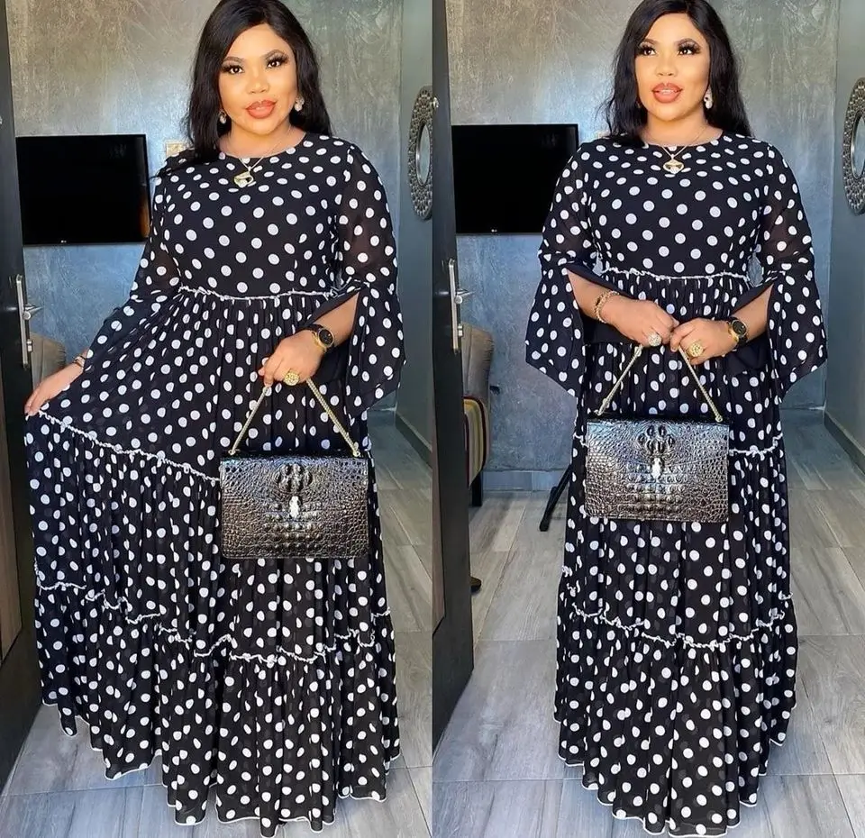 Abaya Dubai Maxi African Design Loose Robe Gowns Muslim Dress Lady Party White Dots Printing European Clothes American Clothing