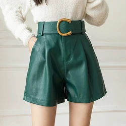 Streetwear PU Leather Shorts Women Autumn Winter Loose High Waist Shorts With Belt Fashion Short Femme