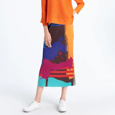 HOT SELLING Miyake fashion fold print skirt  waist skirt IN STOCK