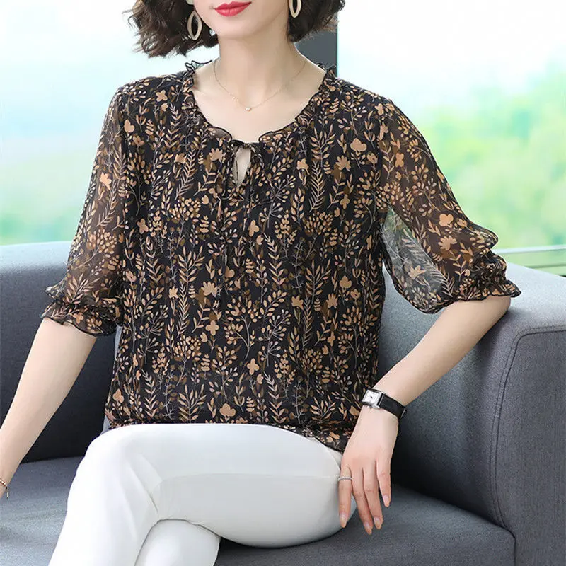 Floral Half Sleeve Shirts Loose Blouses Spring Summer Blusas Print Casual O-Neck Fashion Tops MM0329