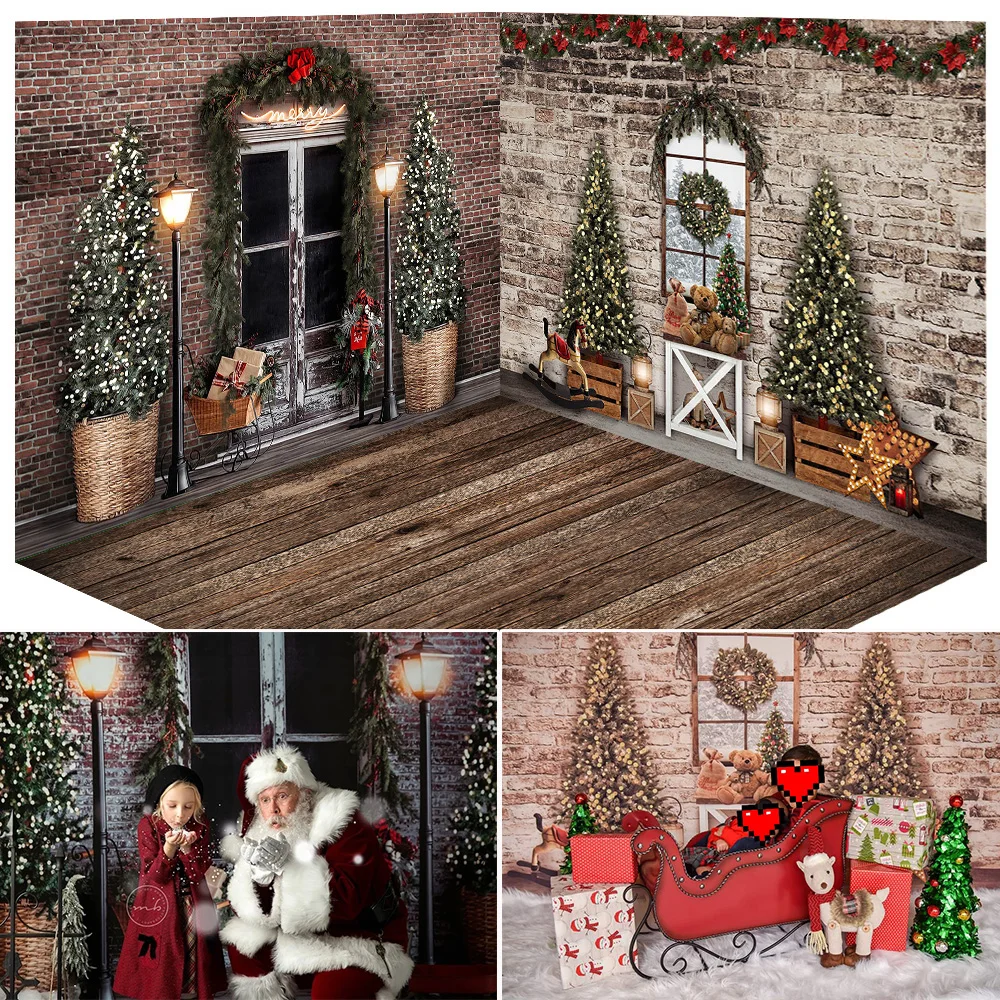 

Winter Xmas Room Background Window Vintage Door Portrait Backdrop Christmas Trees Brick Wall Family Party Birthday Photography