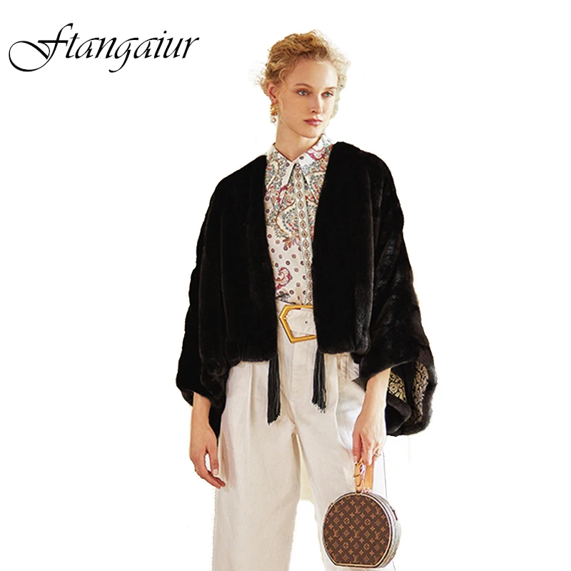 Ftangaiur Winter Imported American Black Mink Coat For Female Natural Fur Coat Women Catwalk Short Real Mink Fur Coats