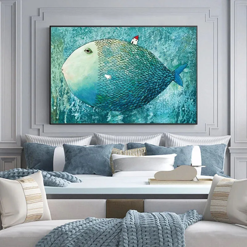 

Handmade Small House on The Big Fish oil Painting on Canvas artwork Picture for Living Room bedroom kid's room wall decoration