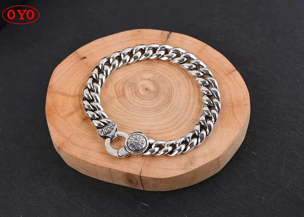 S925 silver retro craft women's fashion six-character mantra bracelet men's glossy tank chain 9mm bracelet