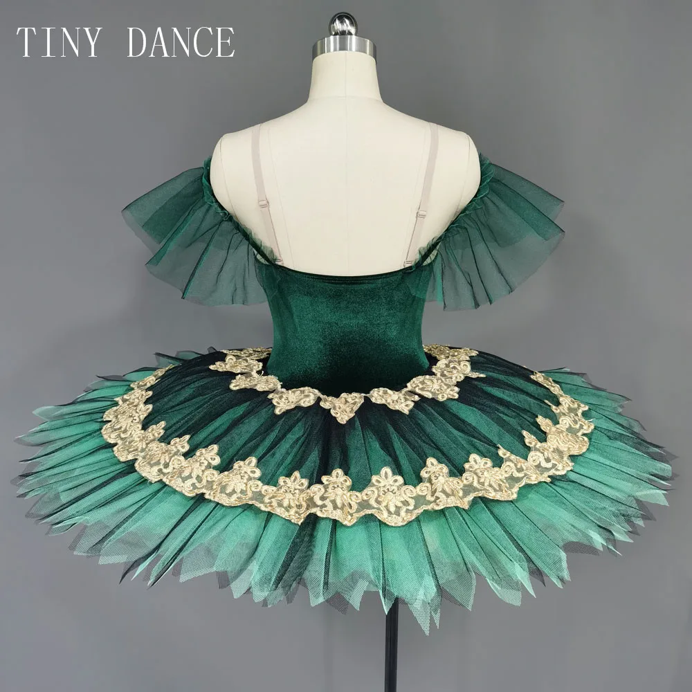 Off the Shoulder Green Velvet Bodice with 7 Layers Stiff Tulle Pancake Tutu Skirt Adult Professional Ballet Dance Costume BLL483