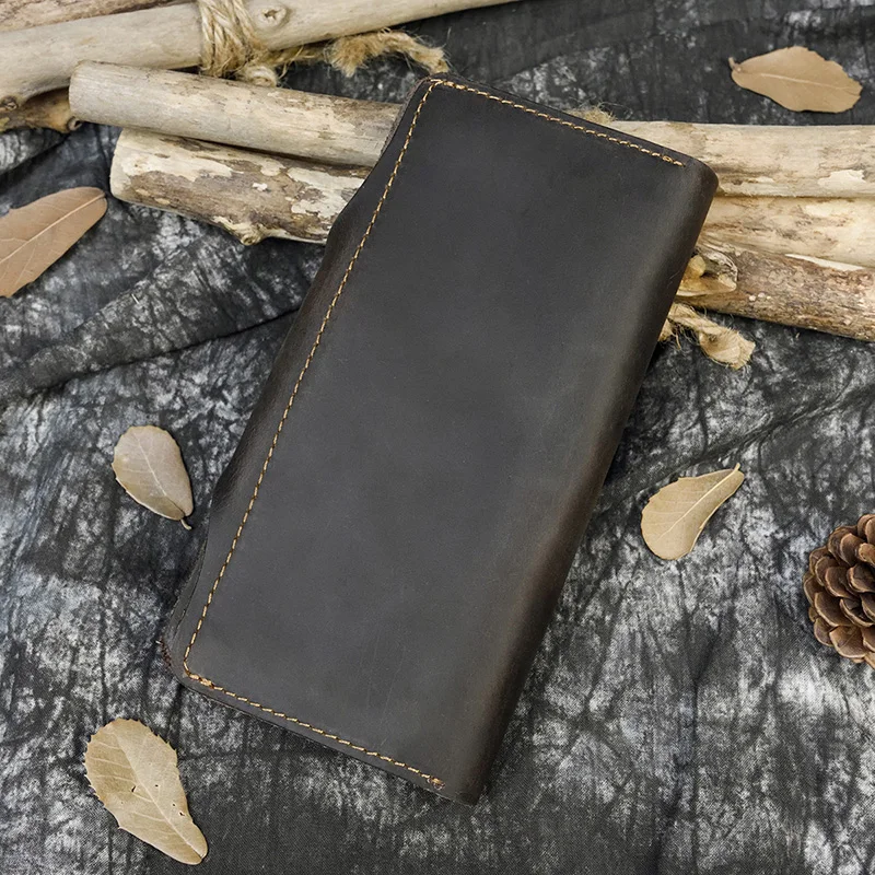 Men\'s Crazy Horse Leather Long Wallet Brown Real leather Trifold clutch snap purse Hasp purse with Phone pocket and coin pocket