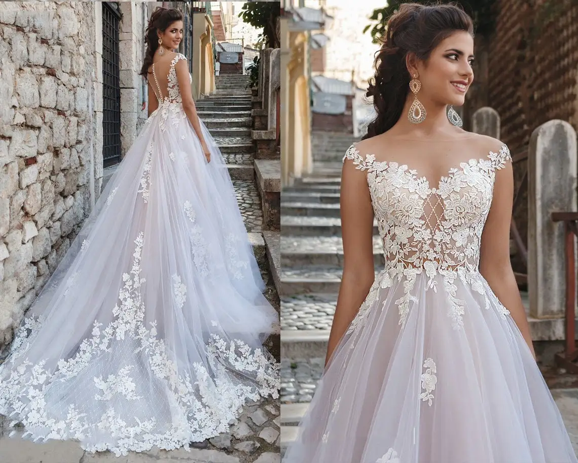 11669 # ilusão o-pescoço boné manga rendas apliques a linha boho tule inchado varredura trem vestido de casamento vestido de noiva vestido de noiva