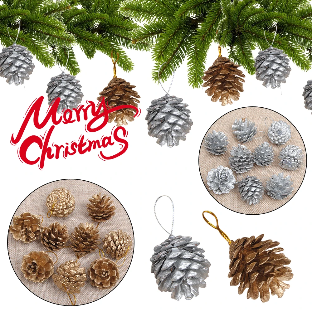 9Pcs Christmas Gold/Silver Pine Cones Baubles Xmas Tree Decoration Ornament