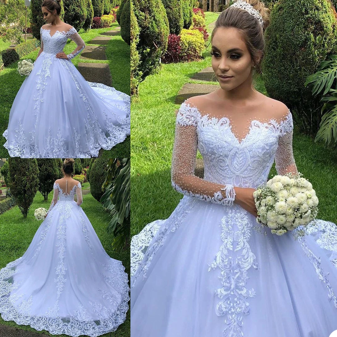 

Luxurious Wedding Dresses Jewel Long Sleeves Lace Appliques Bridal Gowns Customized Button Back Sweep Train A Line Wedding Dress
