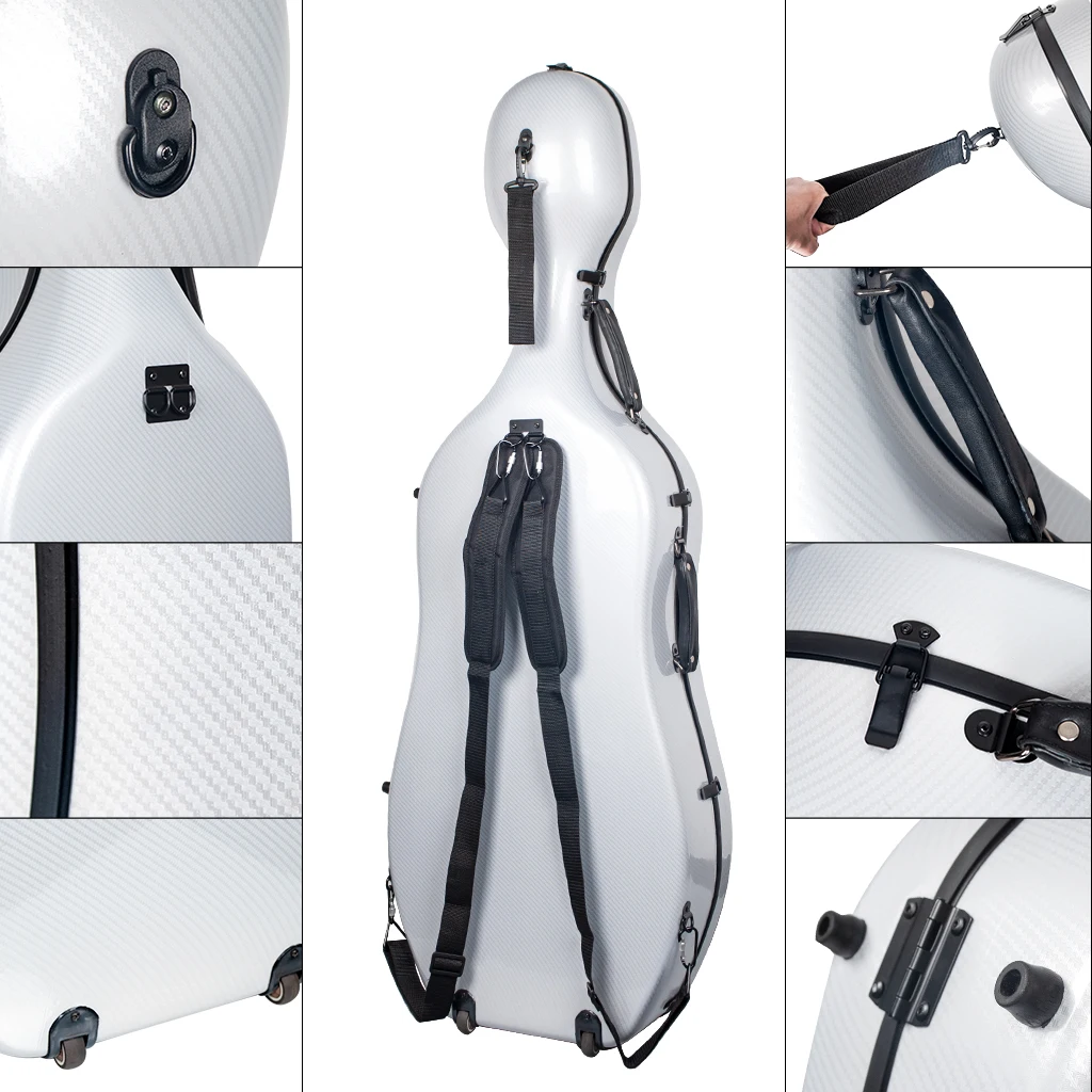 NAOMI Professional Carbon Fiber Composite Cello Case 4/4 With Wheels And Backpack Hard Case Strong Durable 3.6kg White