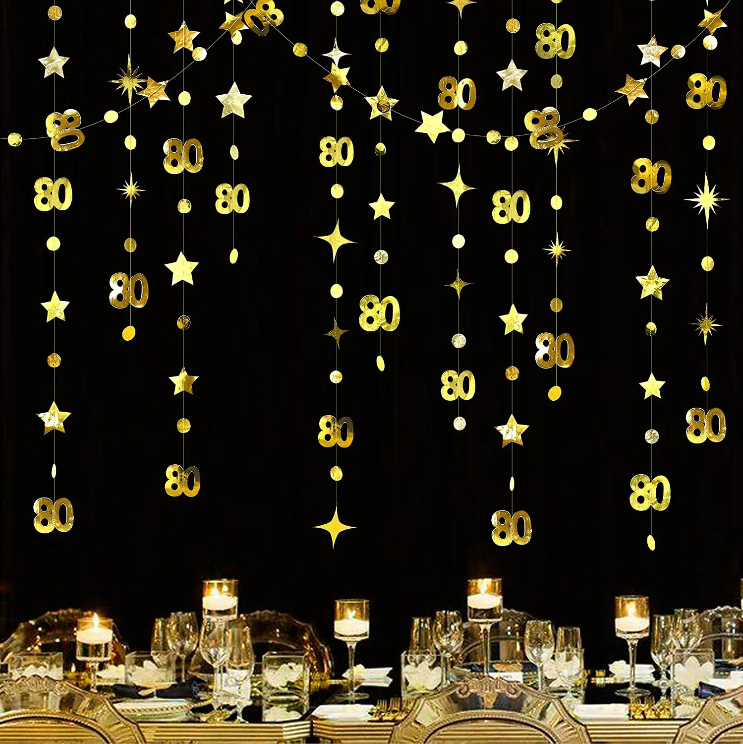 Gold 80th Birthday Banner Decorations Number 70 Circle Dot Twinkle Star Garlands Hanging 50 Year Old Birthday DIY Party Supplies