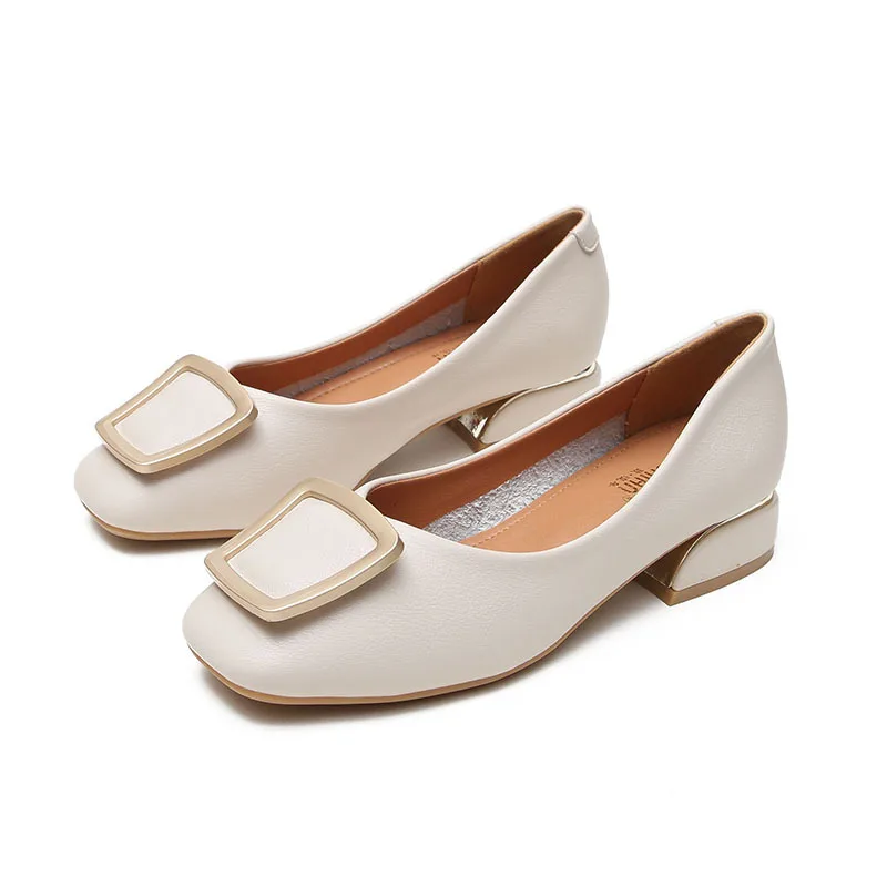 

Square Button Pumps For Women High Quality Soft Comfortable PU Leather Low Heeled Ladies Heels Female Wedding Party Work Shoes