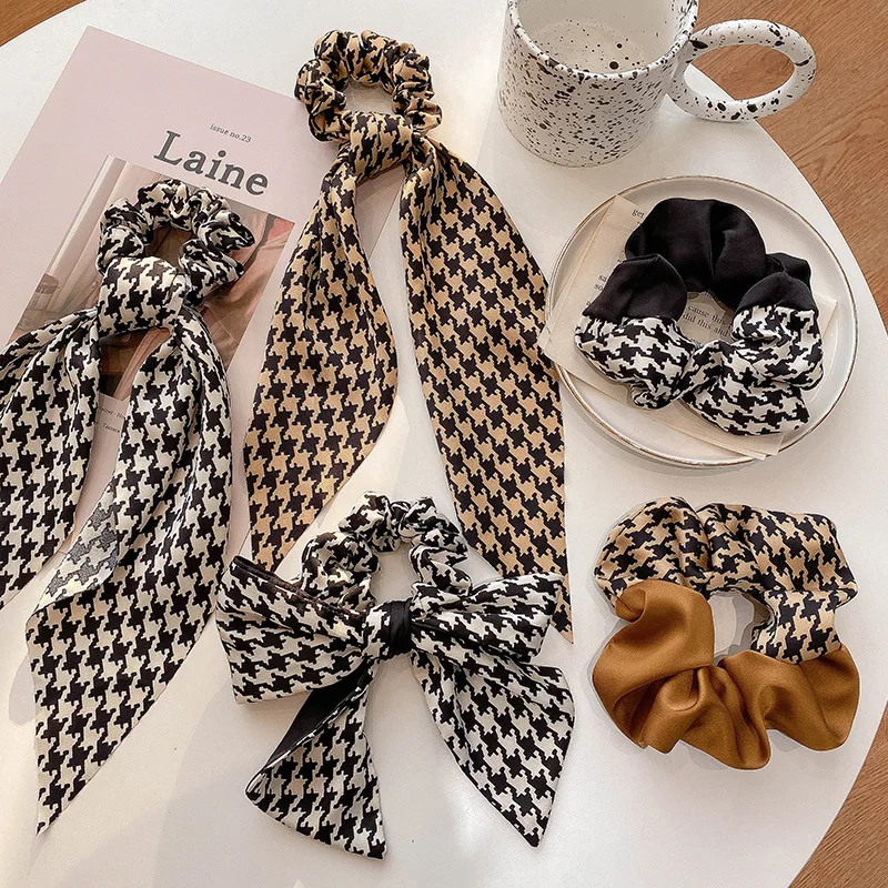 Fashion Houndstooth Satin Ribbons Hair Accessories Vintage Plaid Hair Ties Satin Plaid Bow Rubber Bands Scrunchies Wholesale