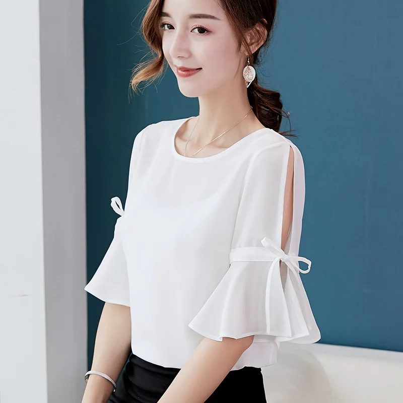 Womens Blouses Office Casual O Neck Flare Sleeve Off Shoulder Slim Shirts Summer Blouse 2020 Streetwear Red Top Blusas