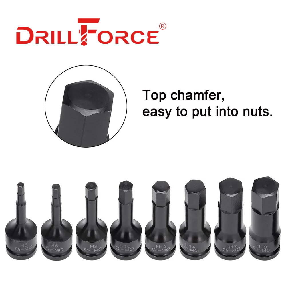 Drillforce 8 шт. Φ 1/2 "набор ударных шестигранных бит привода H5-H19 инструменты адаптера H5/H6/H8/H10/H12/H14/H17/H19