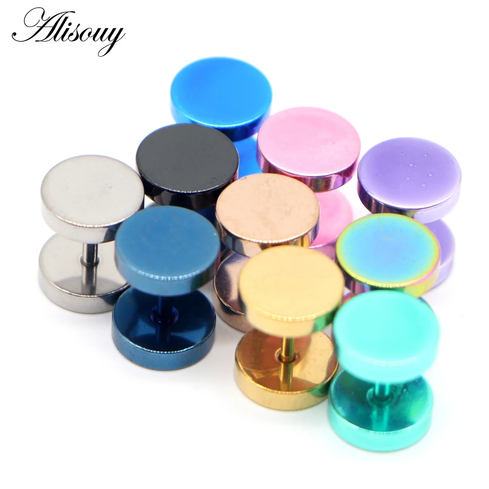 Alisouy 2pcs Gothic Stainless Steel Barbell Round Stud Earrings For Women Men Dumbbell Pierceing Earrings Punk Fashion Jewelry