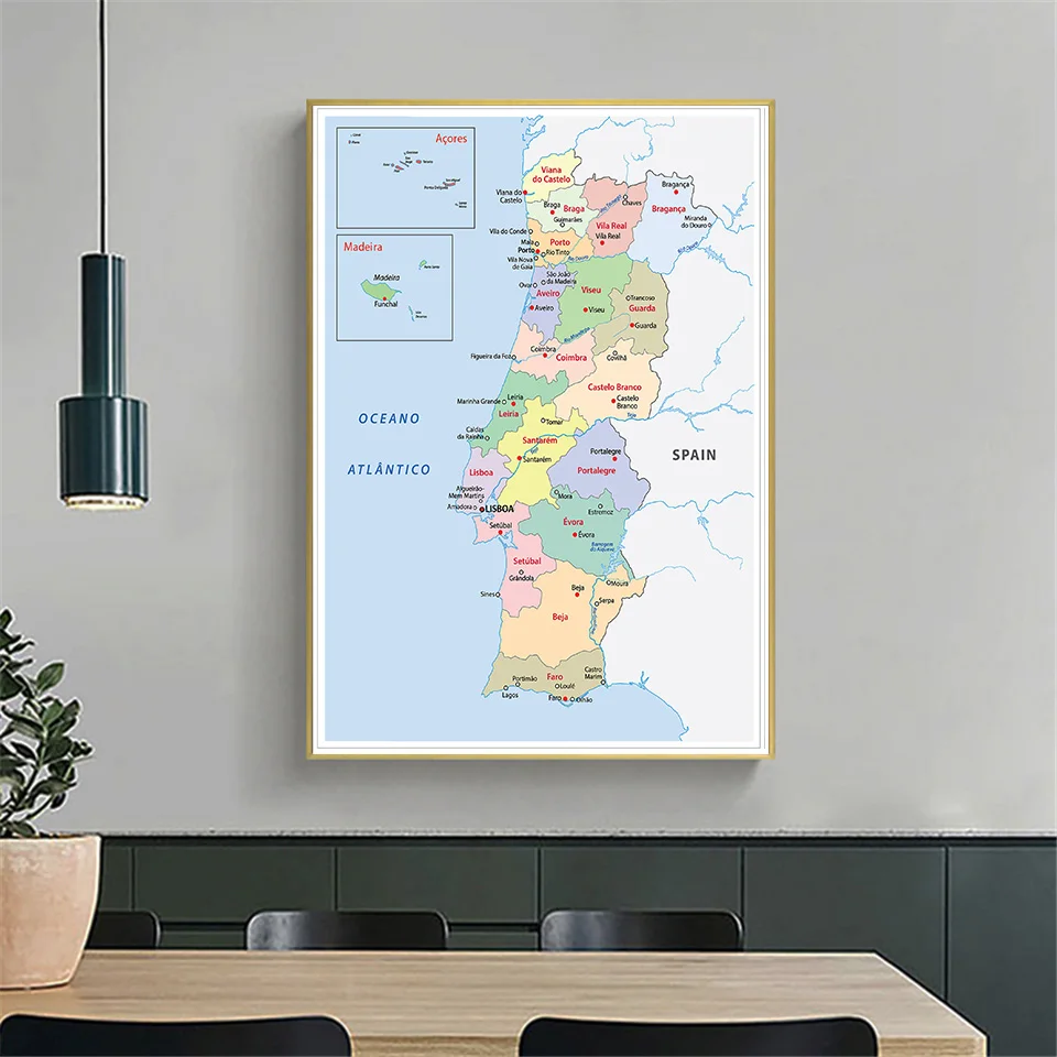 Mapa político de portugal, arte da parede, 60*90cm, poster de pintura em tela, decoração de casa, sala de aula, material escolar, português