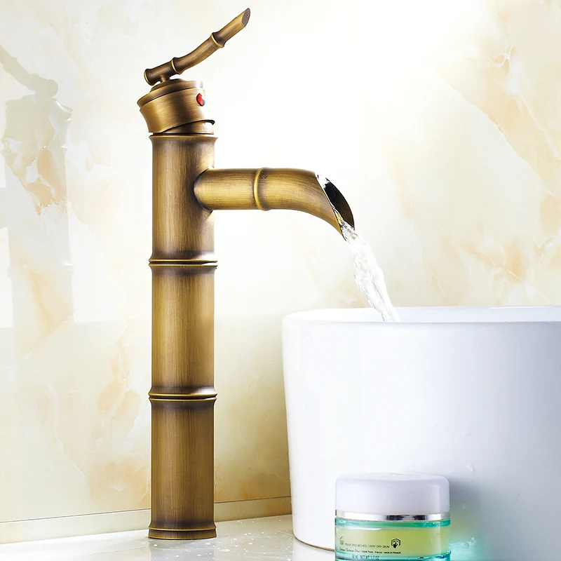 

European Antique Bathroom Faucet Brass Basin Faucets Tap Tall Bamboo Hot Cold Water With Two Pipes Kitchen Taps