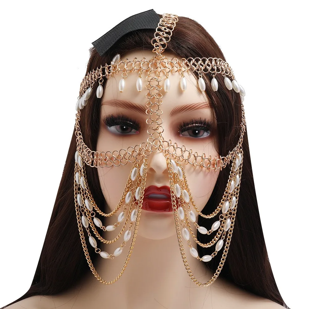 Multi Layer Pearl Tassel Head Chain Cover Face Headpiece Hair Jewelry for Women Luxury Metal Forehead Headband Hair Headdress