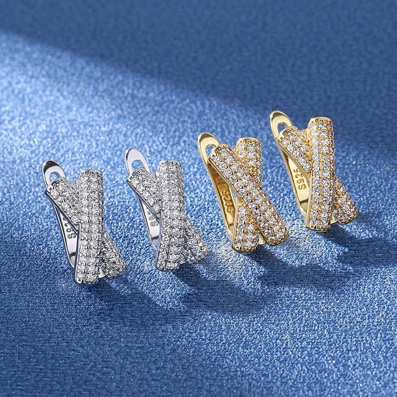 New Fashion X-Shape Geometric Hoop Earrings For Women Micro Crystal Zircon Paved Straight Piercing Earring Accessories Jewelry