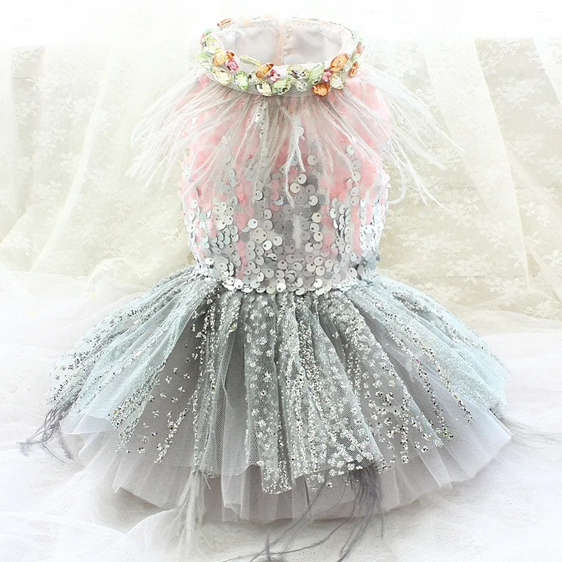 Handmade Dog Clothes Pet Supplies Princess Dress Gorgeous Gradient Color Feather Gem Collar Pink Sequin Top Grey Skirt One Piece