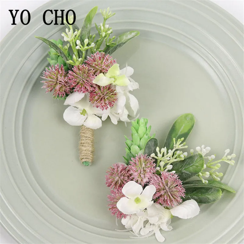 YO CHO Pink Wrist Corsage Bracelet Flowers for Bridesmaids Wedding Corsage Pins Boutonniere Groomsmen Suit Marriage Accessories