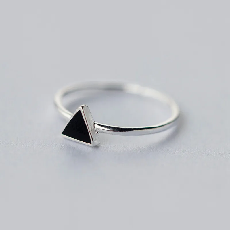 925 Sterling Silver Geometric Black Enamel Triangle OL Adjustable Ring Minimalist Fine Jewelry For Women Party Gift