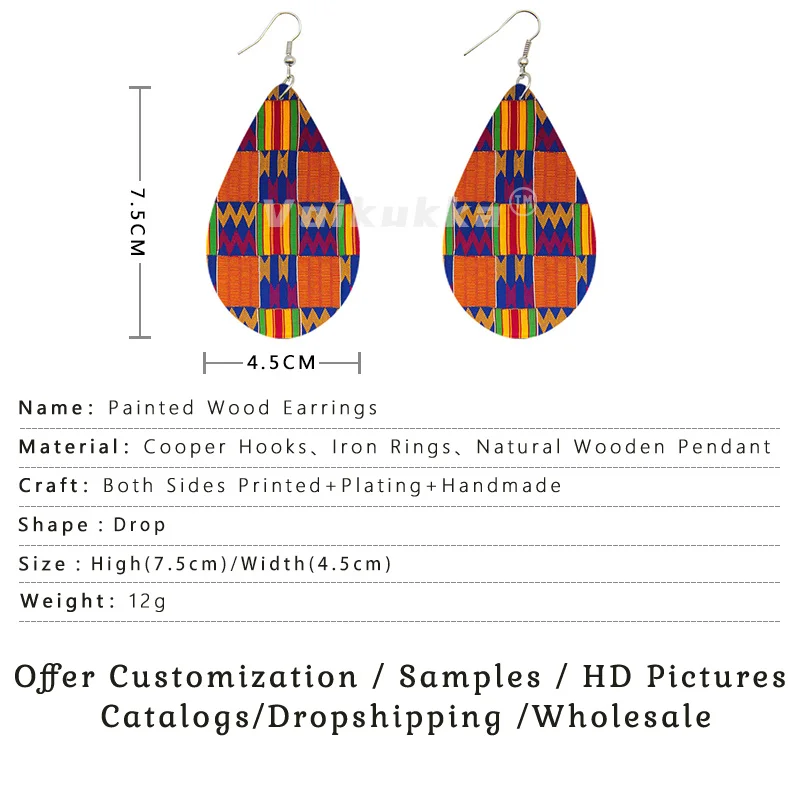 Voikukka Jewelry African Fabric Bohemian Style Women Wood Both Sides Printing Drop Dangle  Earrings For Gifts Accessories