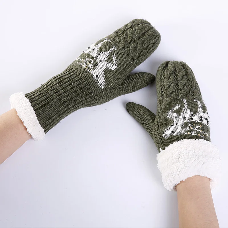 

Female Cartoon Deer Knit Twist Flowers Mitten Winter Women Wool Plus Cashmere Velvet Thicker Warm Full Finger Gloves C77