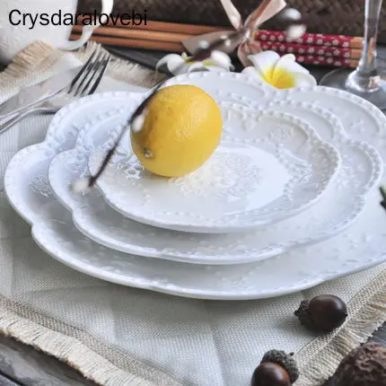 

European Style Flat Plate-6"8"10"Western Steak Plate -Embossed Round Shallow Plate Pure White Bone China Dessert Tray Home Acces