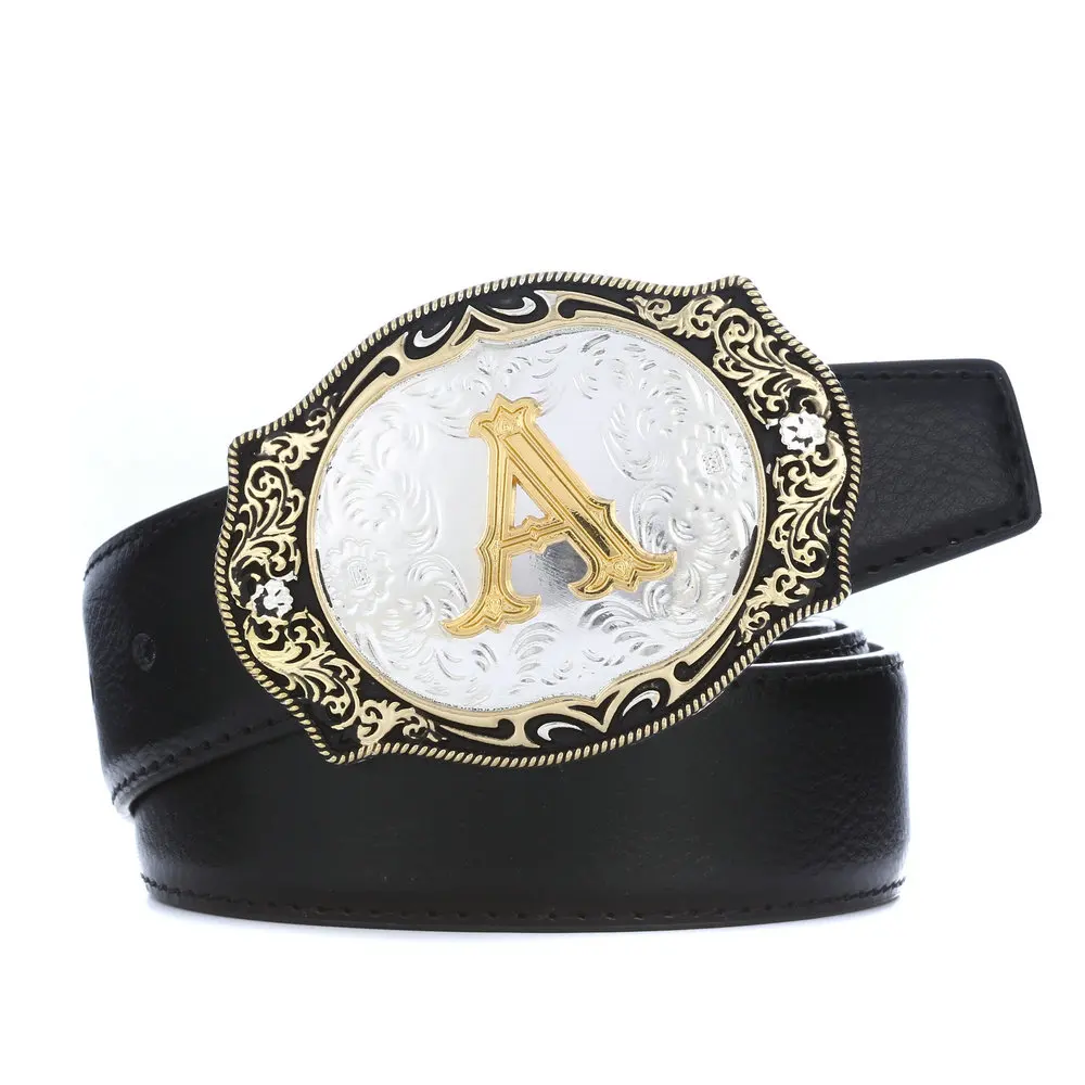 

Western cowboy zinc alloy letter type with pattern gold A to Z belt buckle gift type PU leather belt