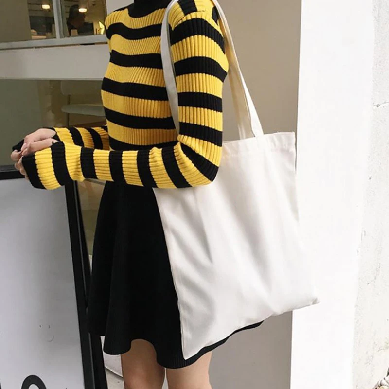 Harajuku Solid color Canvas College Ulzzang Korean Black shopper bag Large Capacity White DIY Casual Fashion Women Shoulder Bags