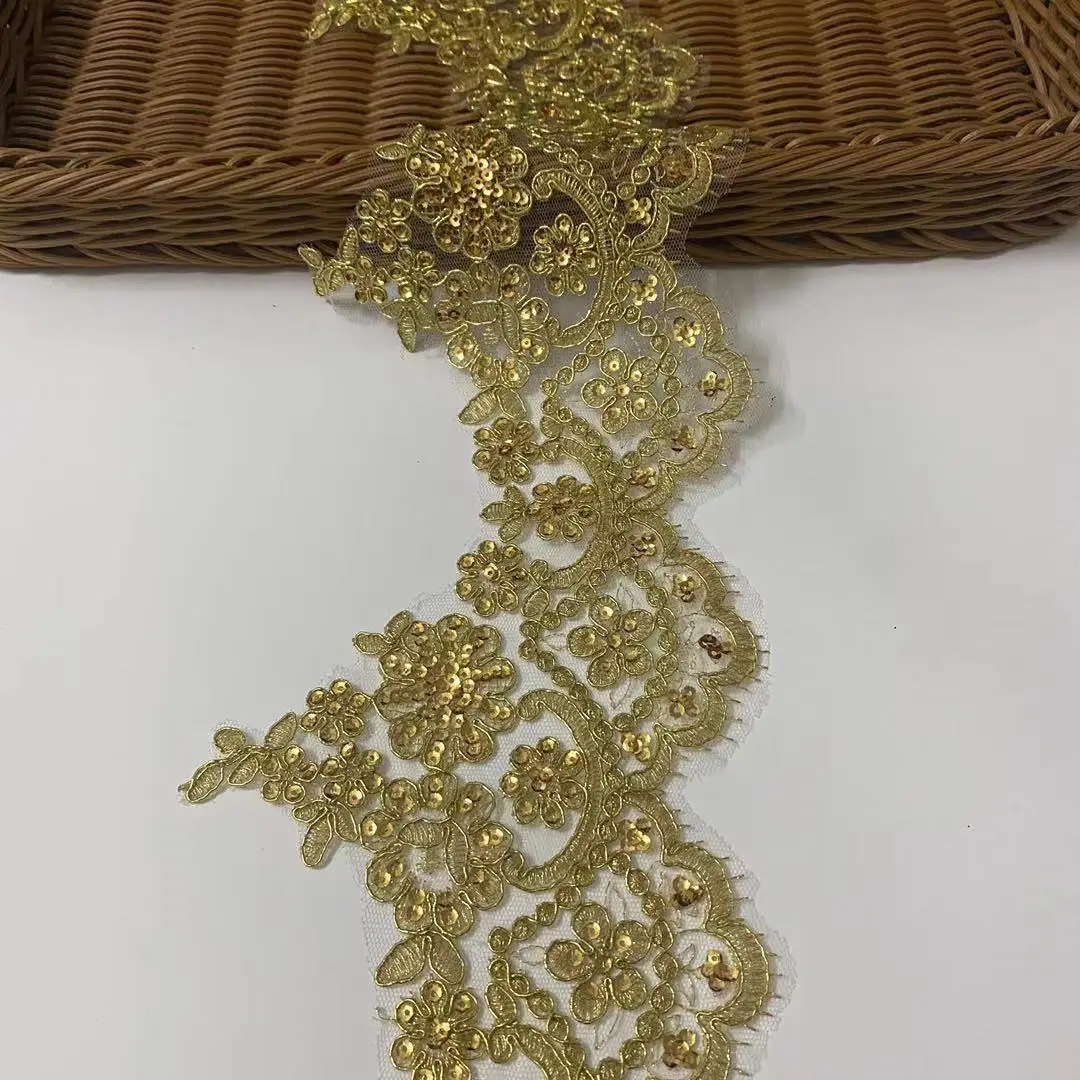 2yards Sequin Gold Thread Lace Flower Applique Trim Edge Handmade diy Material Wedding Clothing Applique Flower Timimg 13cm wide