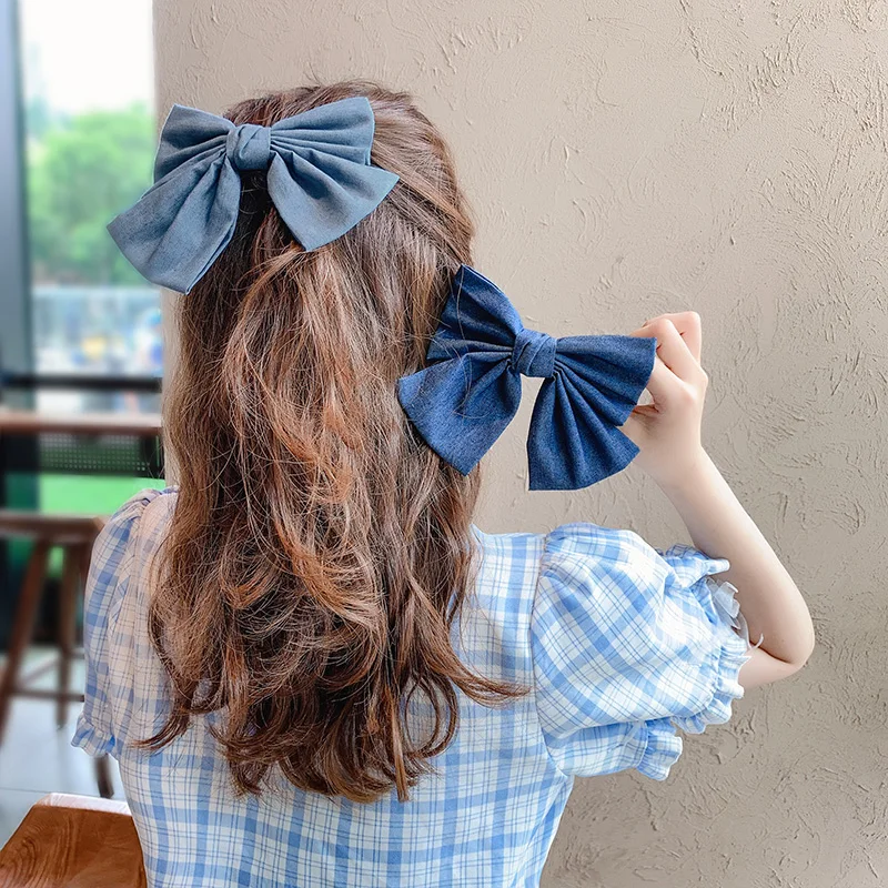 Fashion Large Hair Bow For Girl Hair Clips Striped Fabric Wave Point Denim Barrette Hairclips Women Headwear Hair Accessories