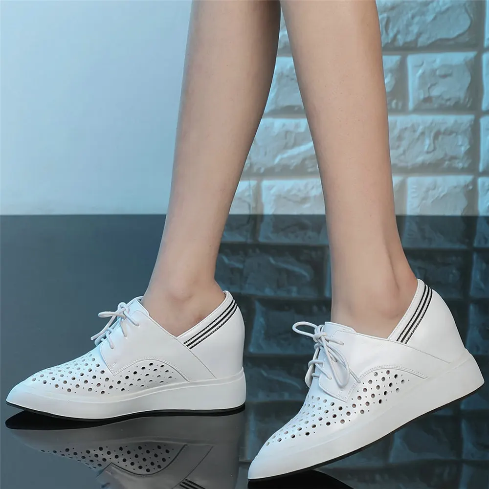 Summer Casual Shoes Women Genuine Leather Wedges High Heel Ankle Boots Female Pointed Toe Fashion Sneakers Platform Oxfords Shoe