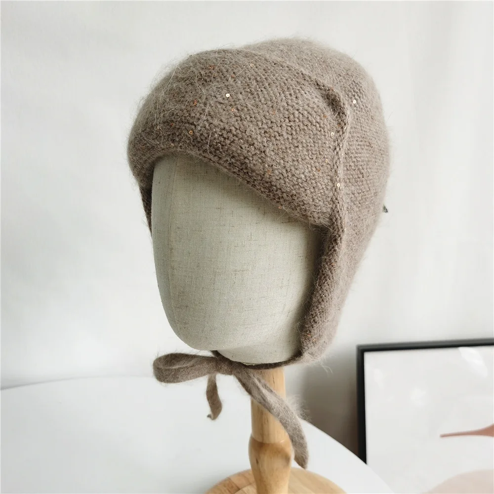 Gorro de punto de Angora para mujer, orejeras, cálido, accesorio de esquí al aire libre para adolescentes, Otoño e Invierno