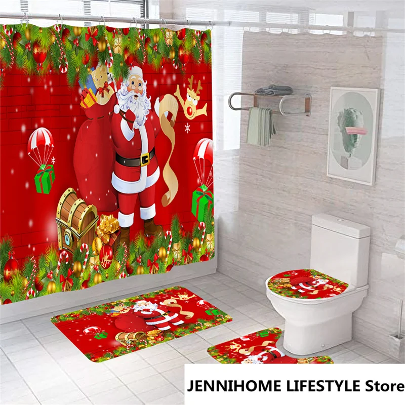 Snowman 2022 Christmas Shower Curtain Set Santa Claus Washable Polyester Fabric Bathroom Curtains Toilet Cover Mat Cartoon Style