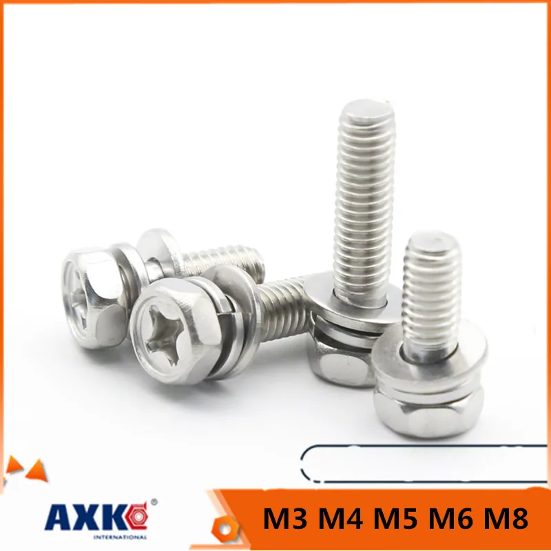 5/50pc M3 M4 M5 M6 M8 Stainless Steel Cross Phillips External Hex Hexagon Head SEM Screw Flat Washer Spring Gasket Assemble Bolt