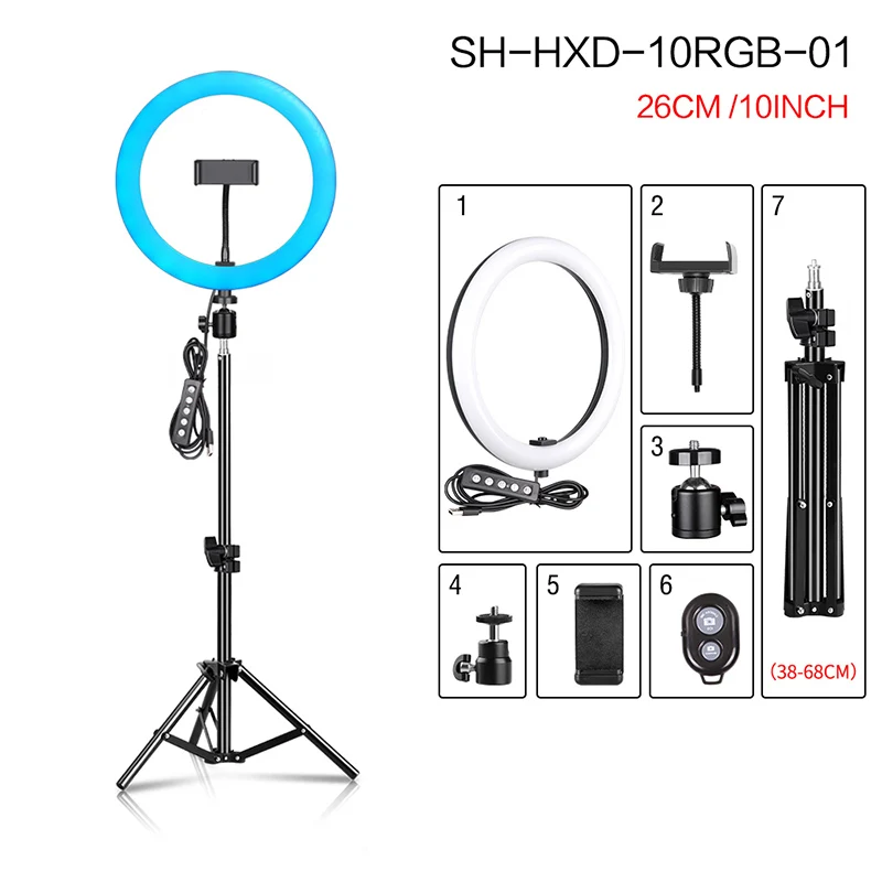 SH 10inch/26cm RGB Ring Light With Tripod Stand Usb Charge Selfie Dimmable Video Ringlights Lamp  For Live Video Streaming