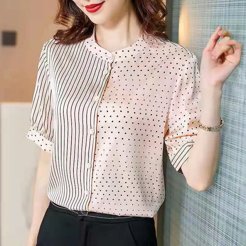 

Women Spring Summer Style Feminine Blouse Striped Loose Dots Shirts Casual Fashion Short Sleeve Blusas Tops DM0029