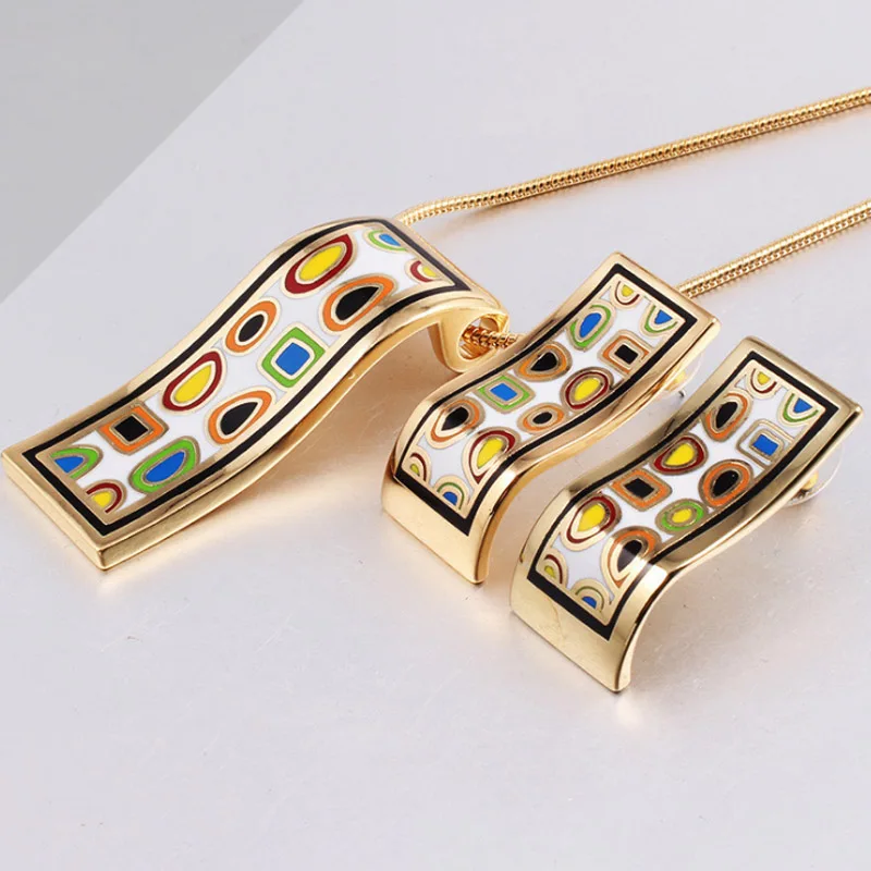 zlxgirl Couple jewelry Geometry Enamel Stainless steel pendant earring sets Europe Brand gold chain necklace ear bijoux