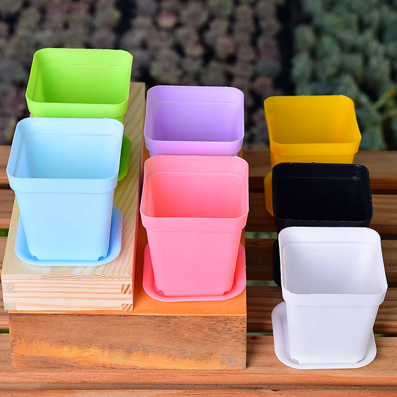 10PCS Mini Square Plastic Plant Flower Pot With Trays Home Office Decor Succulent Bonsai Planter Nursery pots garden supplies